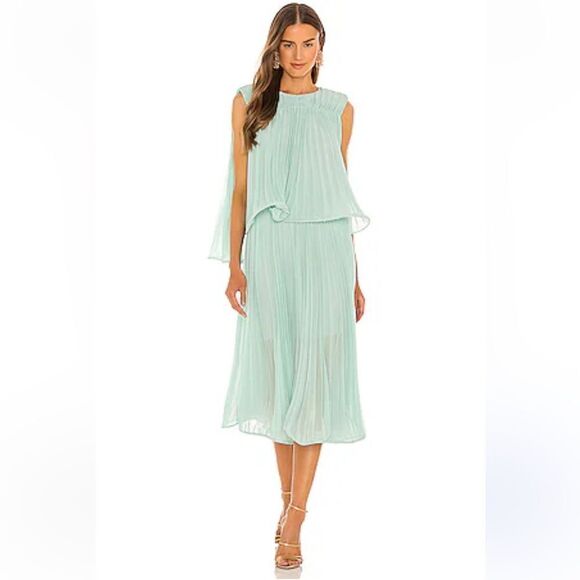 AMUR Arlette Dress in Soft Sage pleated midi sheer trapeze swing Revolve $598 6 - Picture 1 of 16